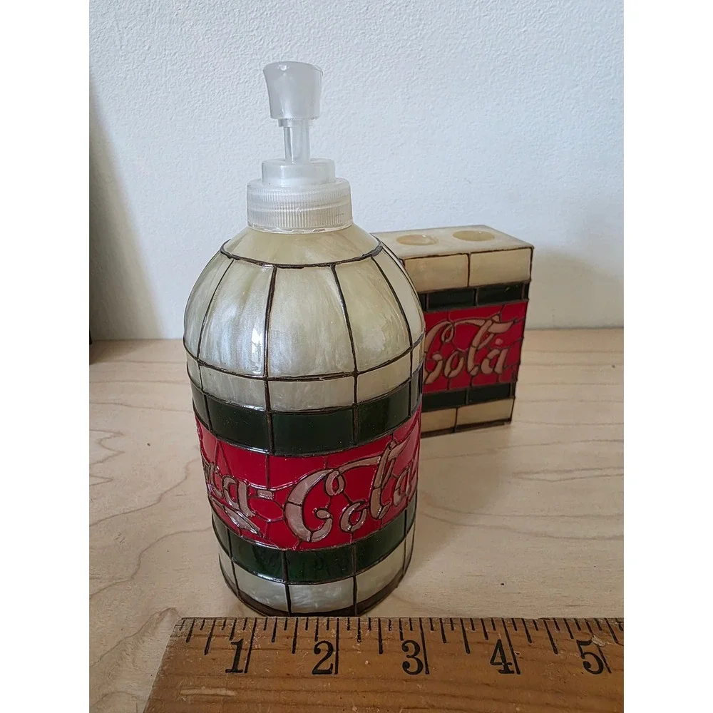 Vtg Coca-Cola Stained Glass Mosaic Style Soap Dispenser/Toothbrush Holder Set